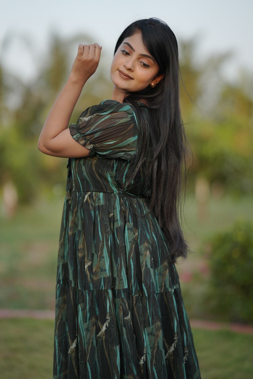 Preksha Creation Women Green Multicolour Georgette Floral Maxi dress Gown