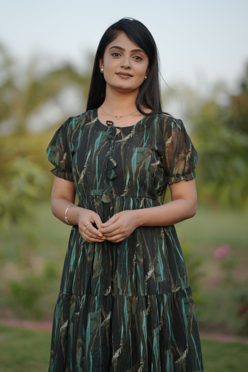 Preksha Creation Women Green Multicolour Georgette Floral Maxi dress Gown