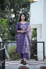 Thumbnail for Preksha Creation Women Lavender Premium Vichitra Silk Embroidered Straight Cut Kurti & Pant With Dupatta - Distacart