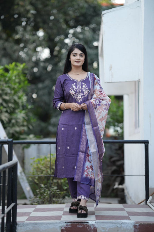 Preksha Creation Women Lavender Premium Vichitra Silk Embroidered Straight Cut Kurti & Pant With Dupatta - Distacart