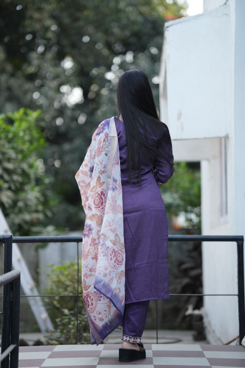 Preksha Creation Women Lavender Premium Vichitra Silk Embroidered Straight Cut Kurti & Pant With Dupatta - Distacart