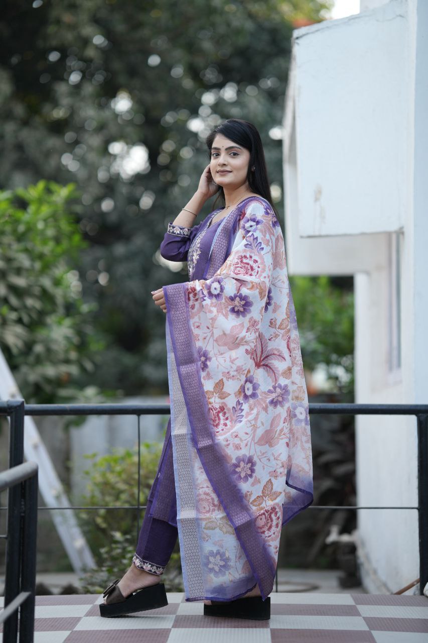 Preksha Creation Women Lavender Premium Vichitra Silk Embroidered Straight Cut Kurti & Pant With Dupatta - Distacart