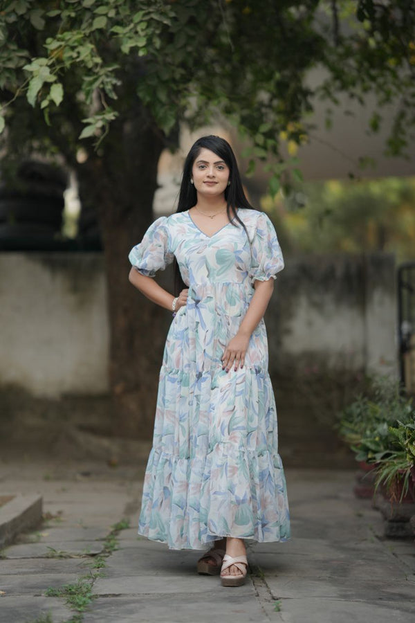 Preksha Creation Women White Georgette Floral Maxi dress Gown