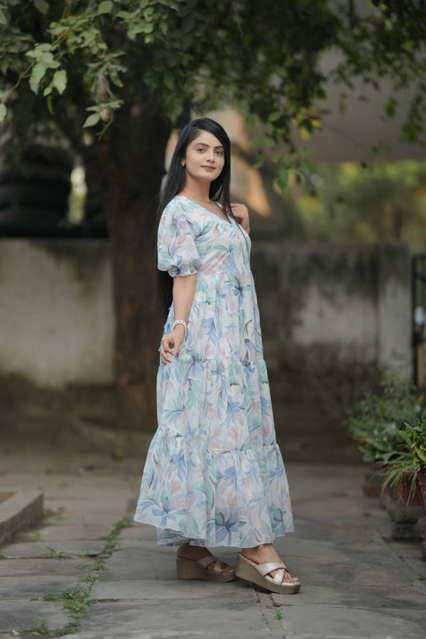 Preksha Creation Women White Georgette Floral Maxi dress Gown