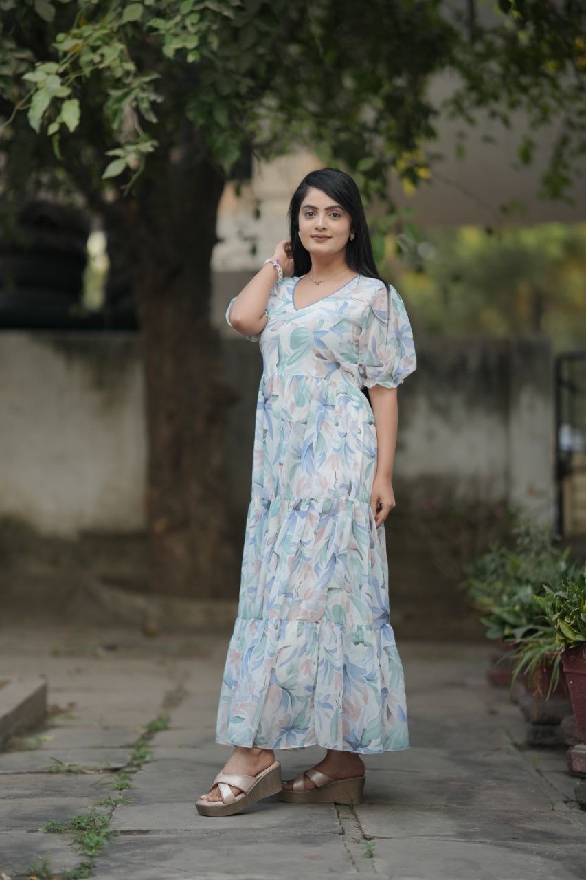 Preksha Creation Women White Georgette Floral Maxi dress Gown