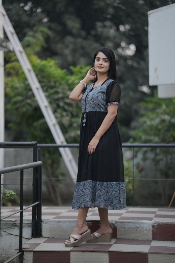 Preksha Creation Women Black Georgette Floral Maxi dress Gown