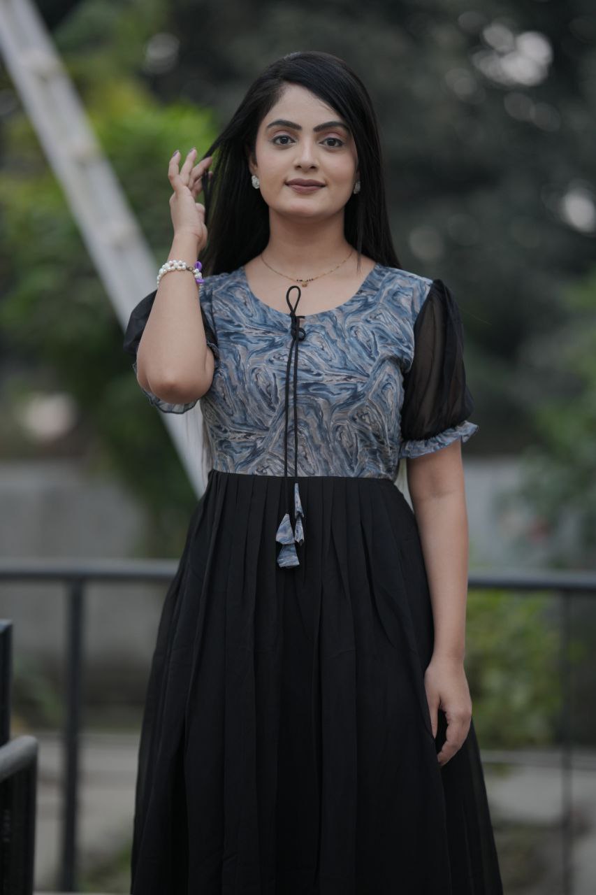 Preksha Creation Women Black Georgette Floral Maxi dress Gown