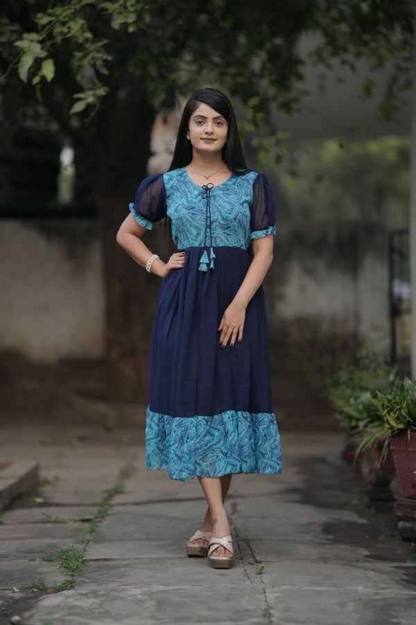 Preksha Creation Women Blue Georgette Floral Maxi dress Gown