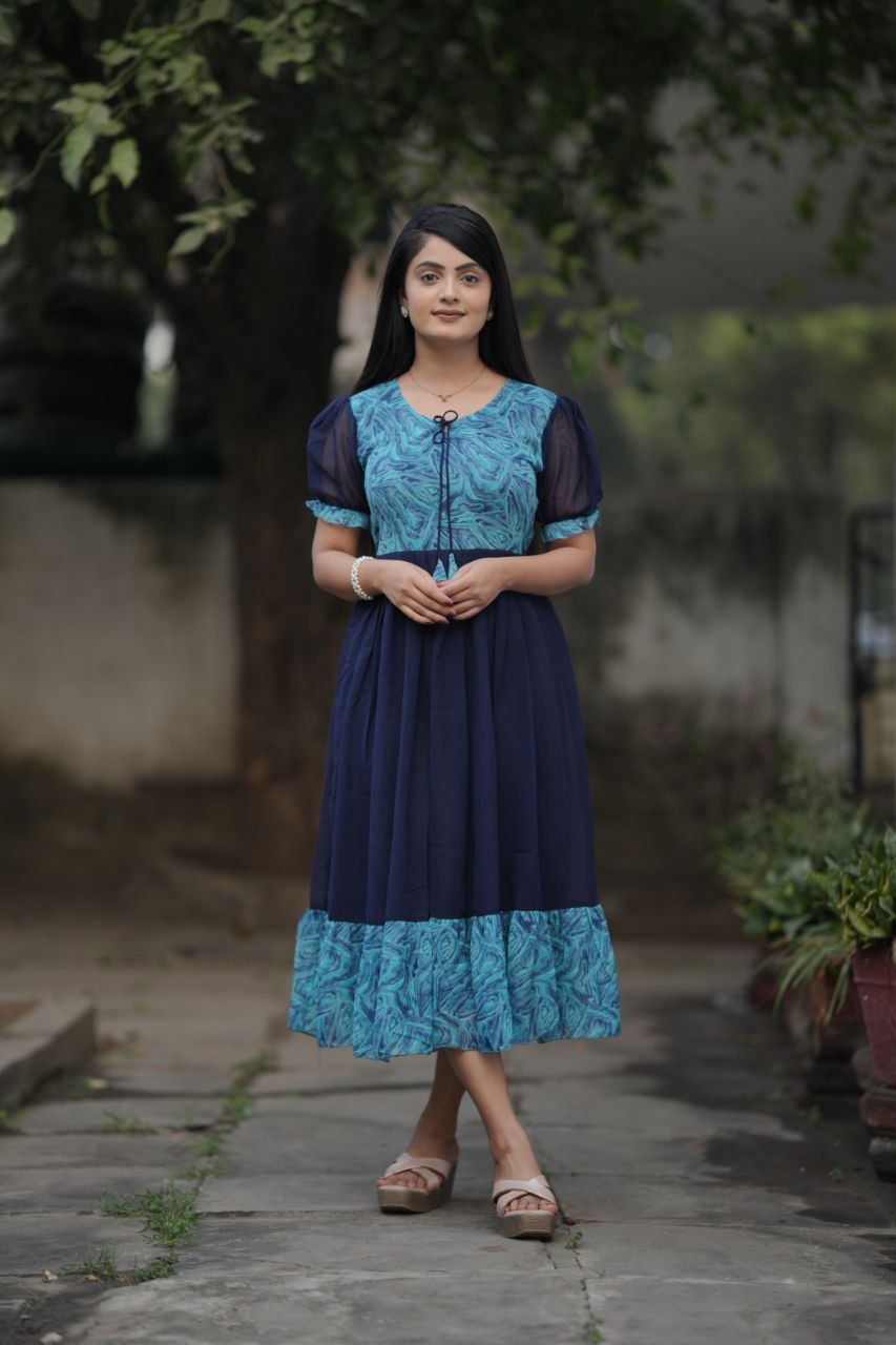 Preksha Creation Women Blue Georgette Floral Maxi dress Gown