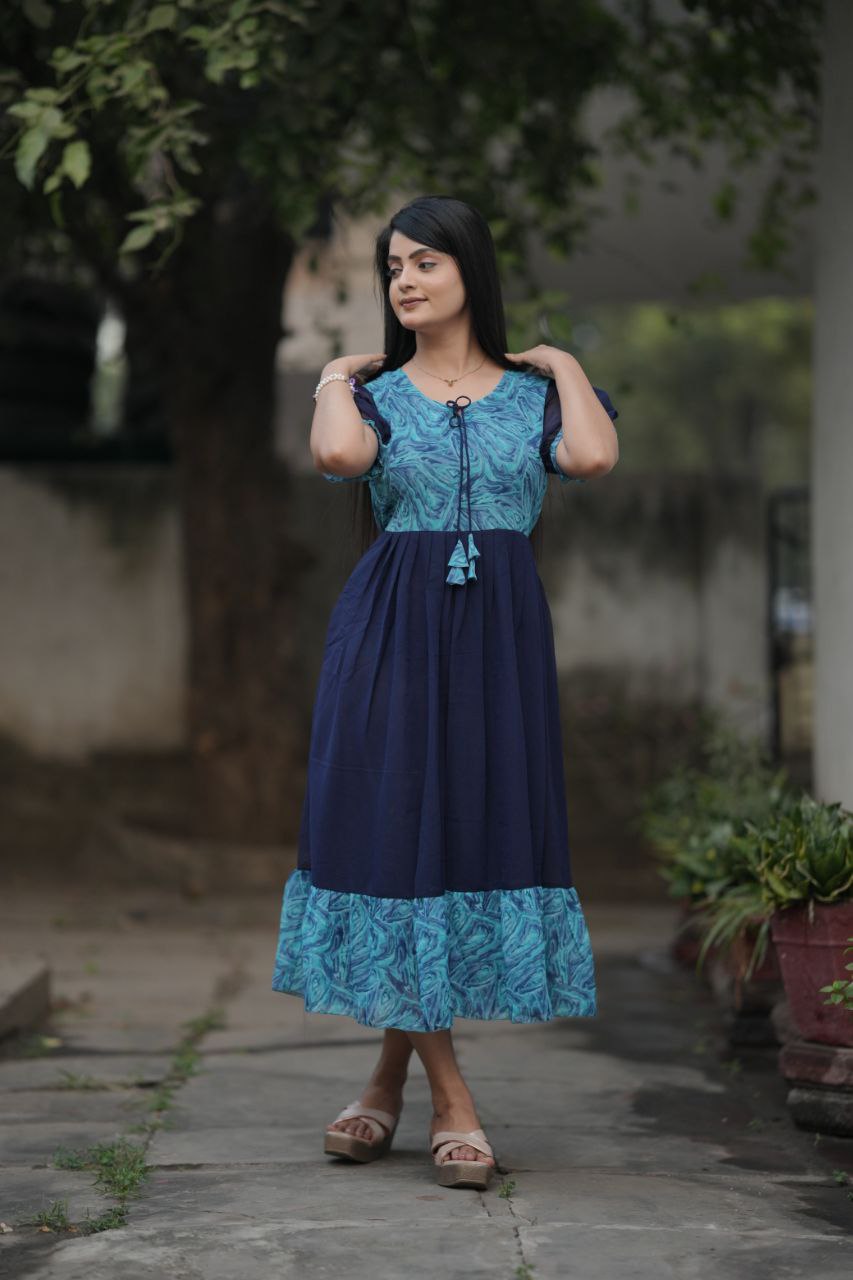 Preksha Creation Women Blue Georgette Floral Maxi dress Gown