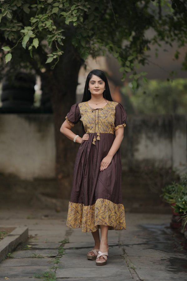 Preksha Creation Women Brown Georgette Floral Maxi dress Gown