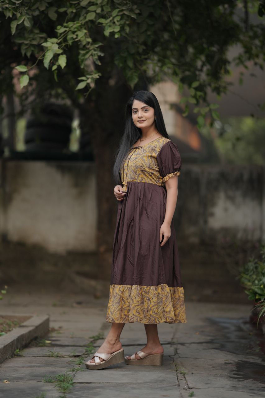 Preksha Creation Women Brown Georgette Floral Maxi dress Gown