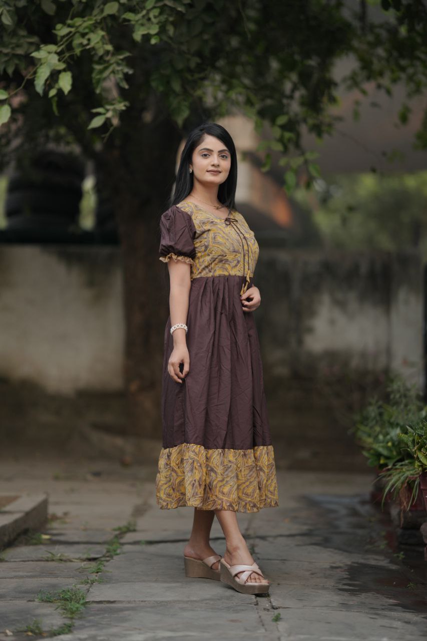 Preksha Creation Women Brown Georgette Floral Maxi dress Gown
