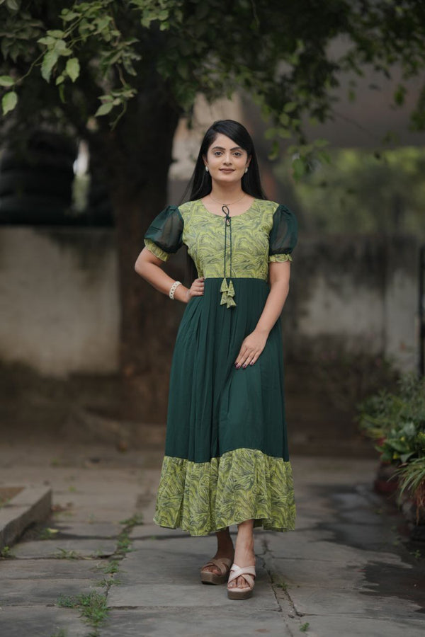 Preksha Creation Women Green Georgette Floral Maxi dress Gown