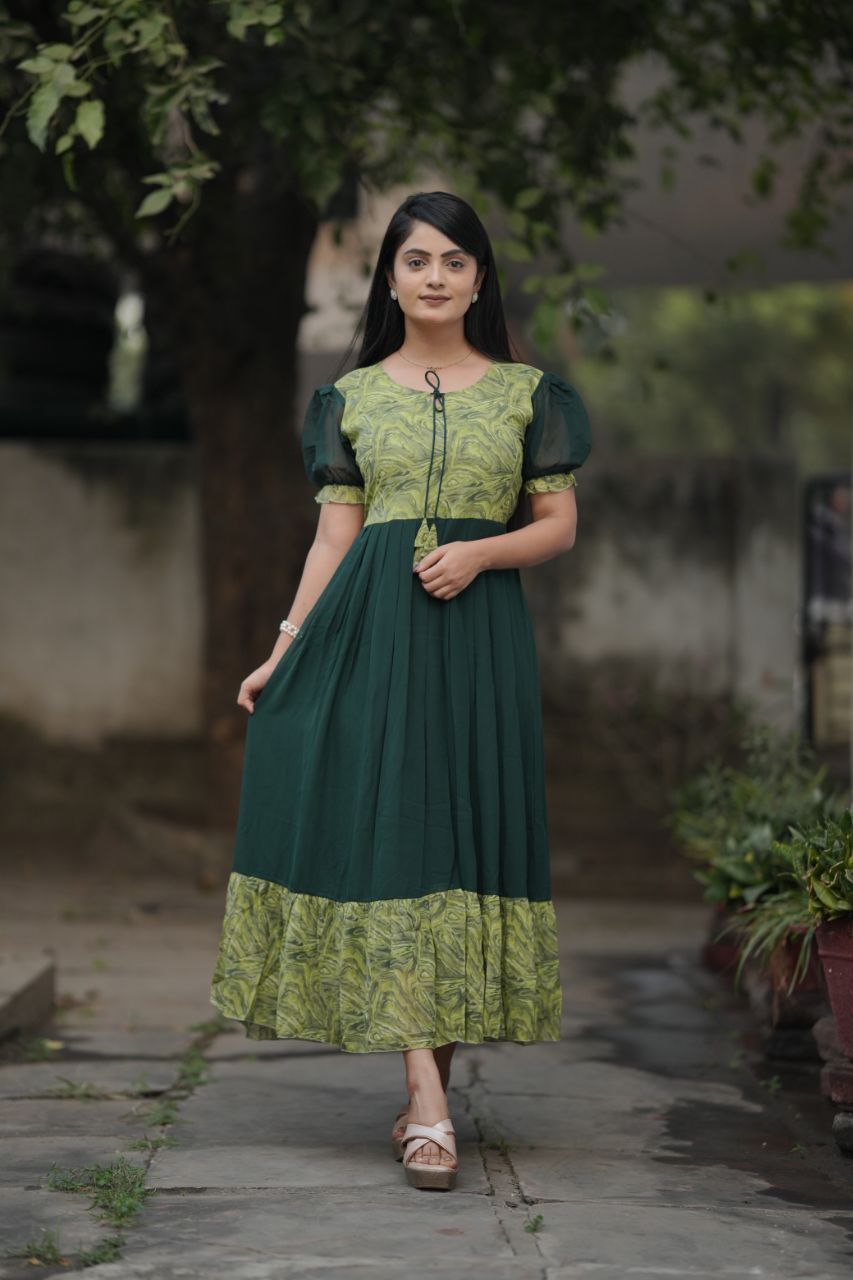 Preksha Creation Women Green Georgette Floral Maxi dress Gown - Distacart