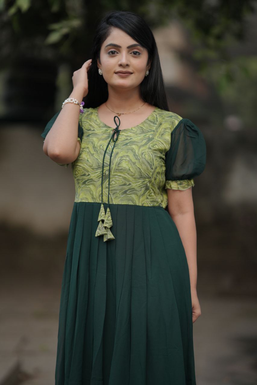 Preksha Creation Women Green Georgette Floral Maxi dress Gown