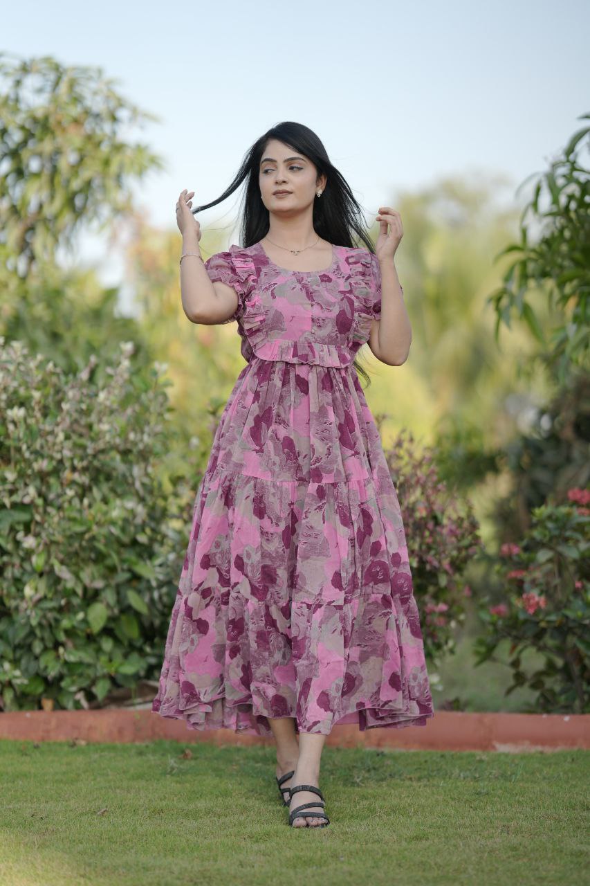 Preksha Creation Women Multicolour Georgette Floral Maxi dress Gown