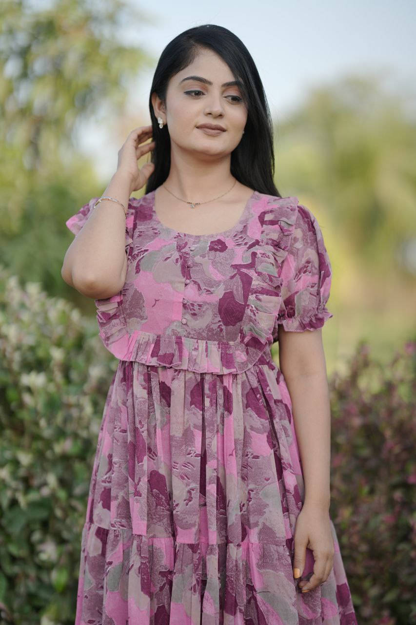 Preksha Creation Women Multicolour Georgette Floral Maxi dress Gown