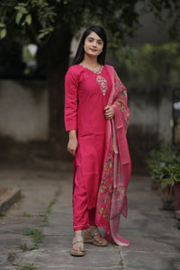 Thumbnail for Preksha Creation Women Pink Premium Maslin silk Hand Work Straight Cut Kurti & Pant With Dupatta