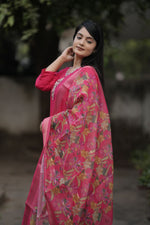 Thumbnail for Preksha Creation Women Pink Premium Maslin silk Hand Work Straight Cut Kurti & Pant With Dupatta - Distacart