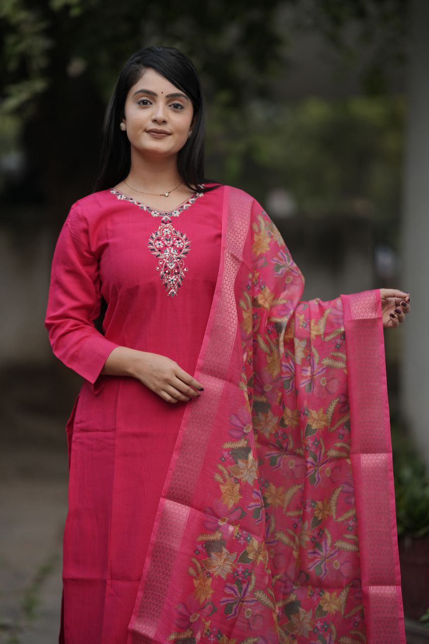 Preksha Creation Women Pink Premium Maslin silk Hand Work Straight Cut Kurti & Pant With Dupatta