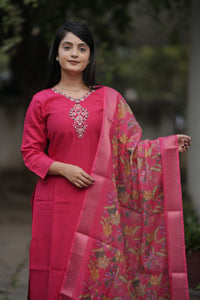 Thumbnail for Preksha Creation Women Pink Premium Maslin silk Hand Work Straight Cut Kurti & Pant With Dupatta