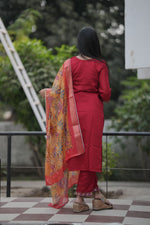 Thumbnail for Preksha Creation Women Red Premium Vichitra Silk Embroidered Straight Cut Kurti & Pant With Dupatta - Distacart