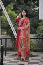 Thumbnail for Preksha Creation Women Red Premium Vichitra Silk Embroidered Straight Cut Kurti & Pant With Dupatta - Distacart