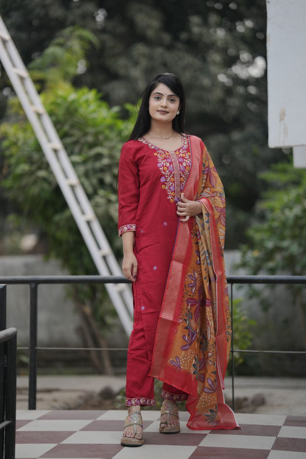 Preksha Creation Women Red Premium Vichitra Silk Embroidered Straight Cut Kurti & Pant With Dupatta - Distacart