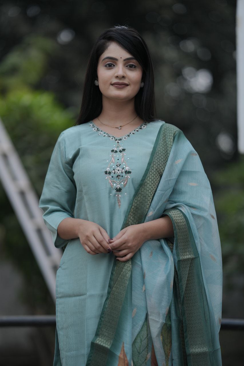 Preksha Creation Women Pista Premium Maslin silk Hand Work Straight Cut Kurti & Pant With Dupatta - Distacart