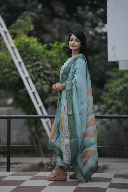 Preksha Creation Women Pista Premium Maslin silk Hand Work Straight Cut Kurti & Pant With Dupatta