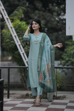 Thumbnail for Preksha Creation Women Pista Premium Maslin silk Hand Work Straight Cut Kurti & Pant With Dupatta - Distacart