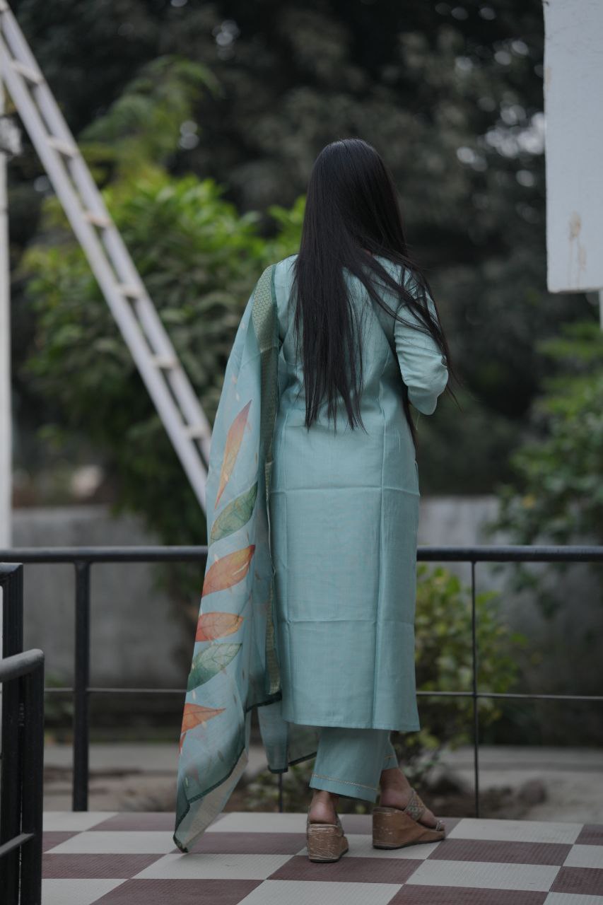 Preksha Creation Women Pista Premium Maslin silk Hand Work Straight Cut Kurti & Pant With Dupatta - Distacart