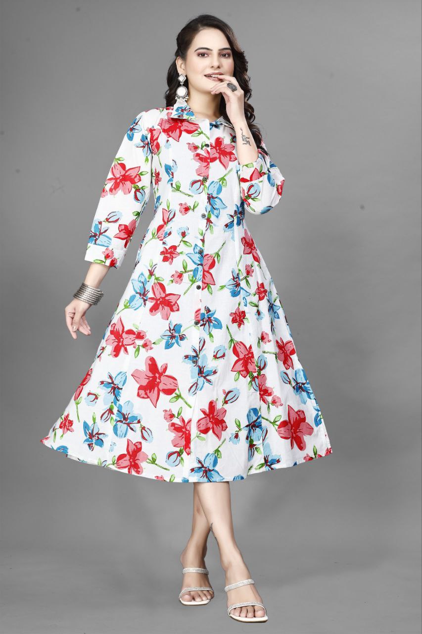 Preksha Creation Women White Cotton Floral One Sided Pocket Gown