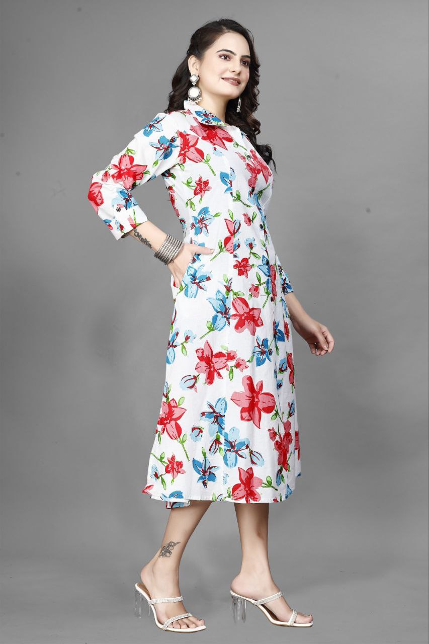Preksha Creation Women White Cotton Floral One Sided Pocket Gown