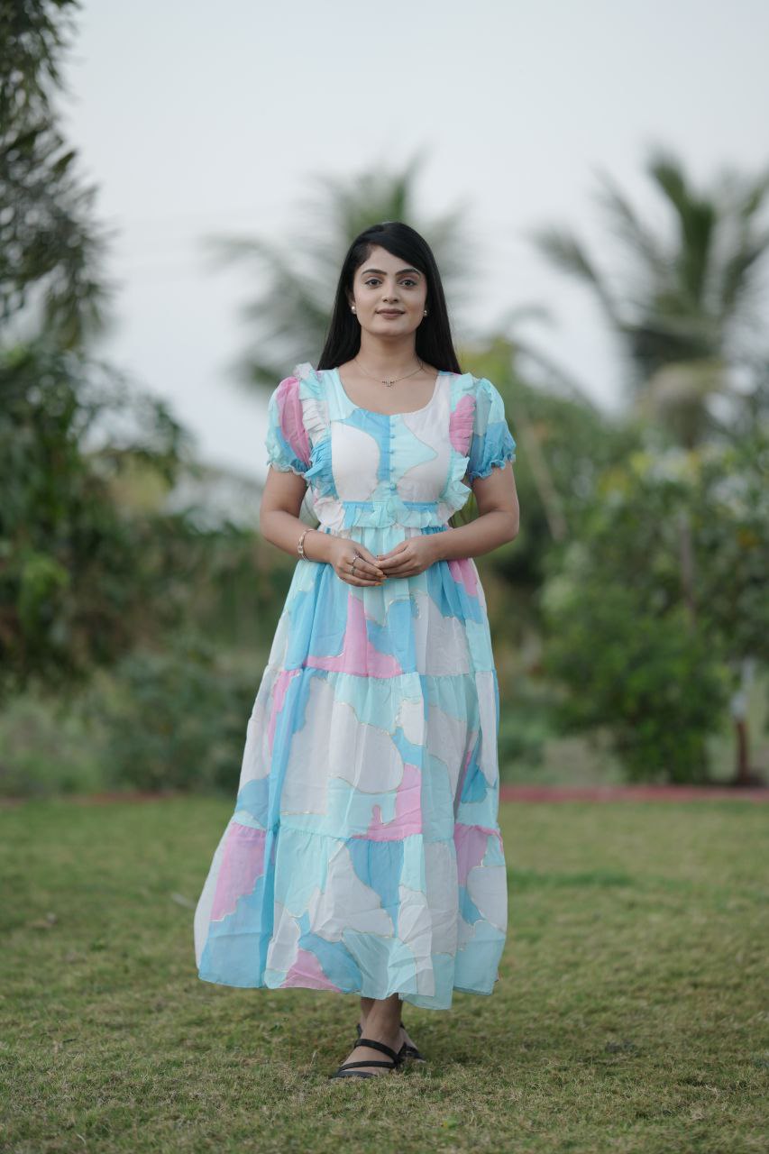 Preksha Creation Women Multicolour White Georgette Floral Maxi dress Gown - Distacart