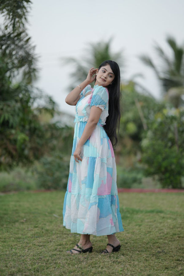 Preksha Creation Women Multicolour White Georgette Floral Maxi dress Gown