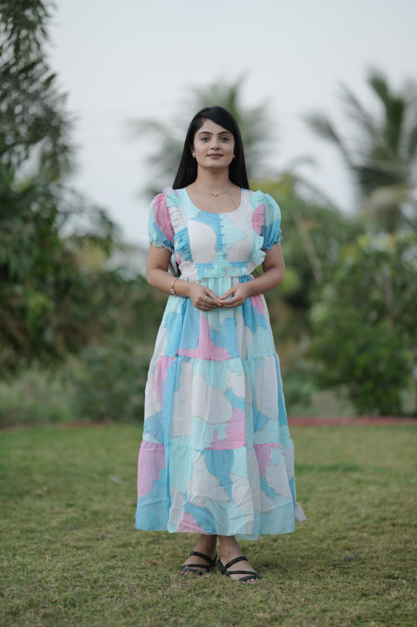 Preksha Creation Women Multicolour White Georgette Floral Maxi dress Gown