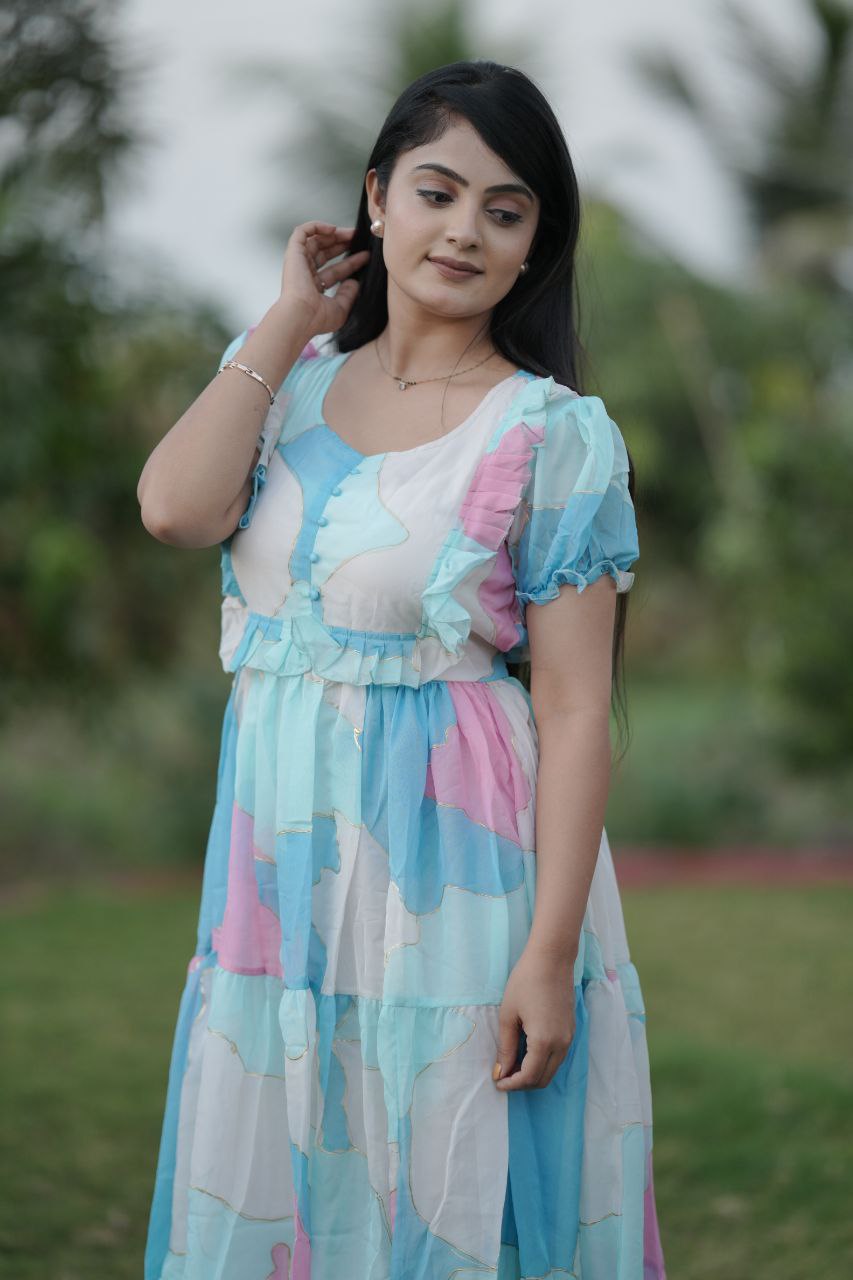 Preksha Creation Women Multicolour White Georgette Floral Maxi dress Gown