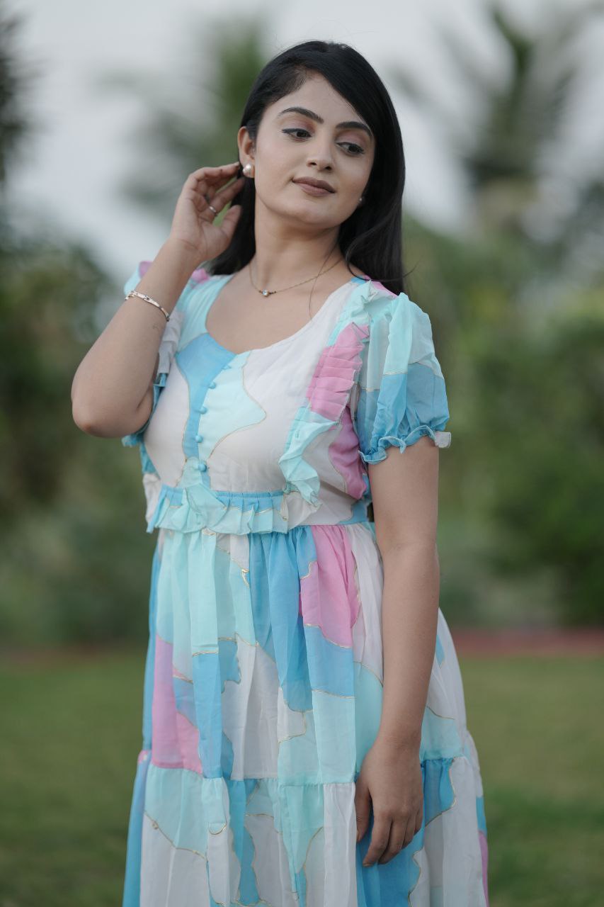 Preksha Creation Women Multicolour White Georgette Floral Maxi dress Gown
