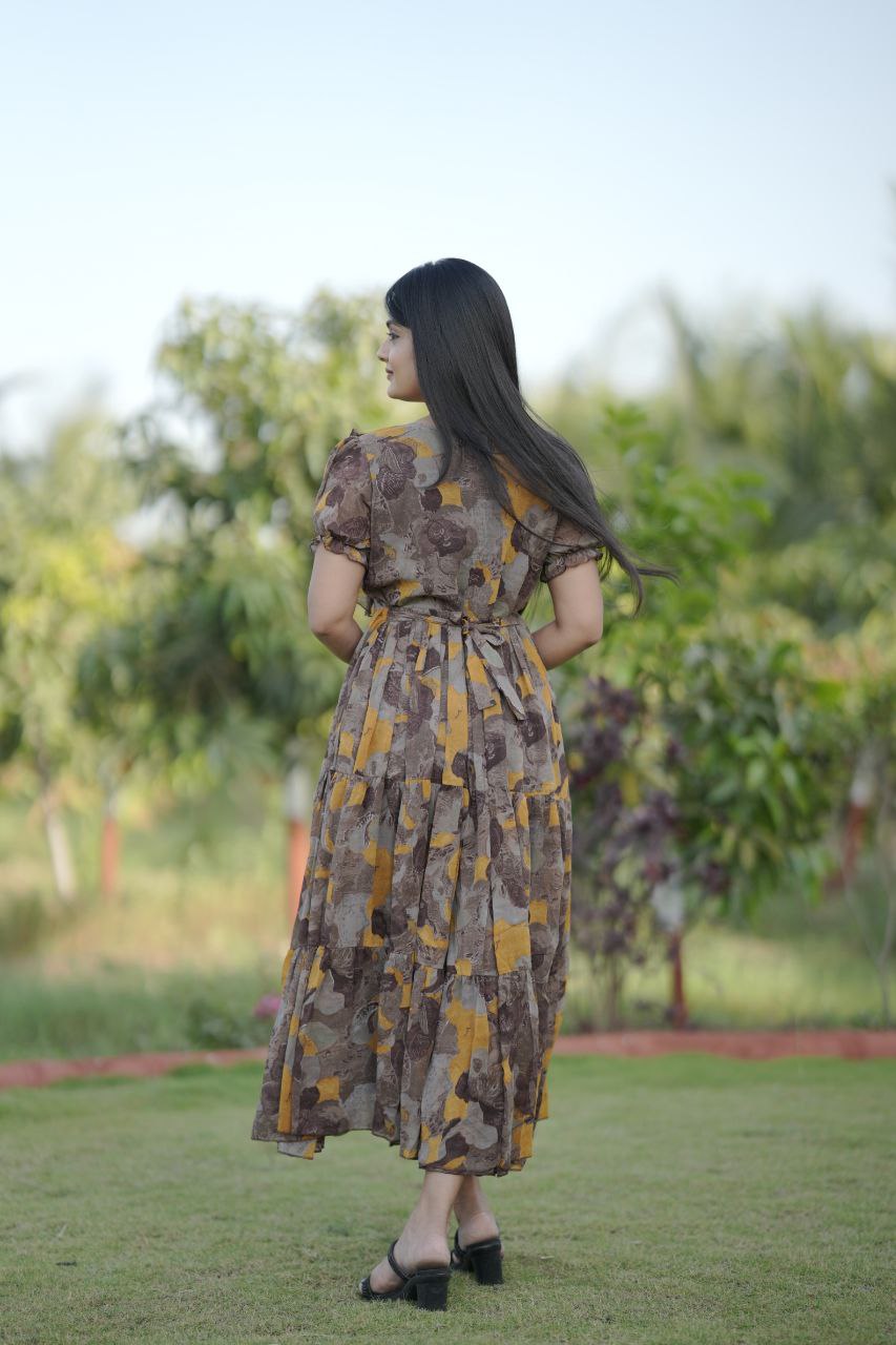 Preksha Creation Women Yellow Multicolour Georgette Floral Maxi dress Gown