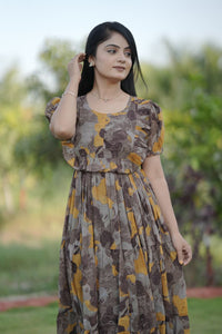 Thumbnail for Preksha Creation Women Yellow Multicolour Georgette Floral Maxi dress Gown