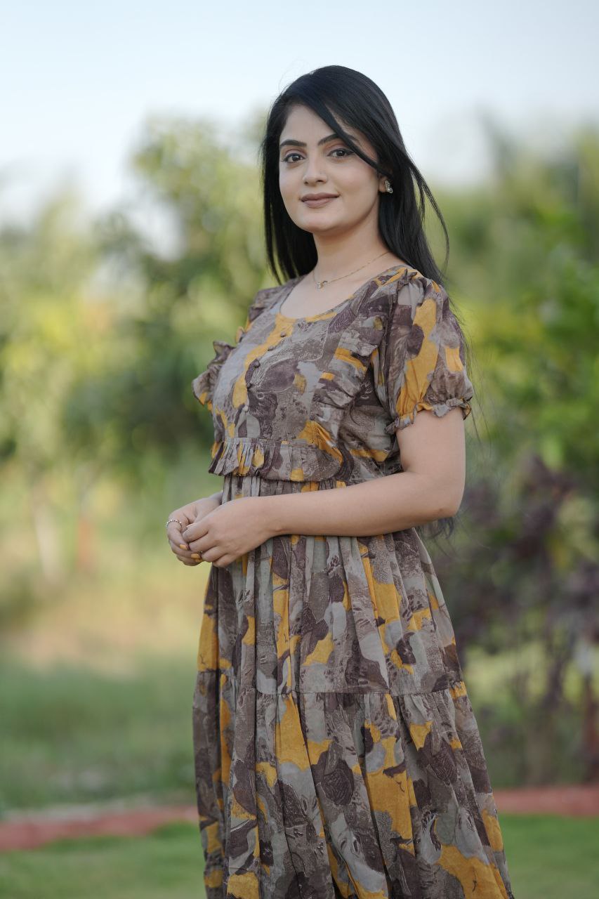 Preksha Creation Women Yellow Multicolour Georgette Floral Maxi dress Gown