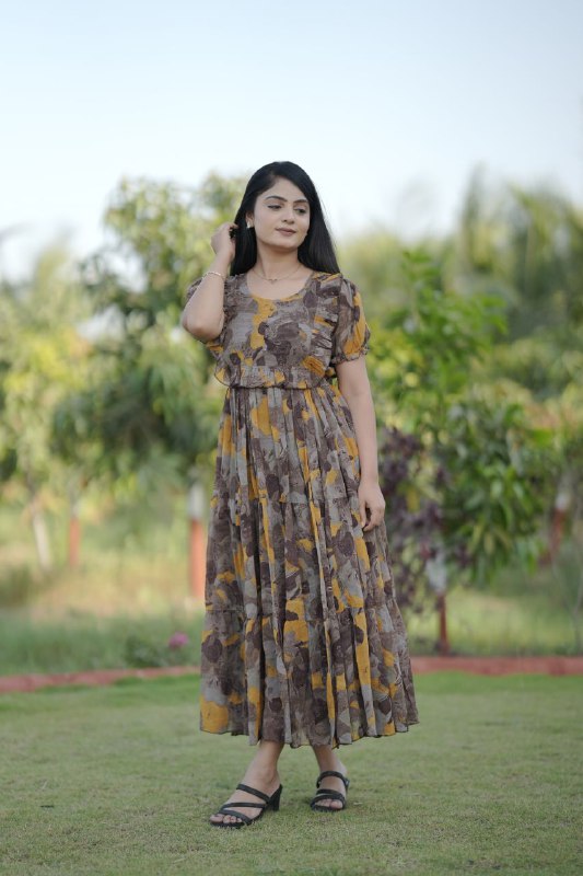 Preksha Creation Women Yellow Multicolour Georgette Floral Maxi dress Gown