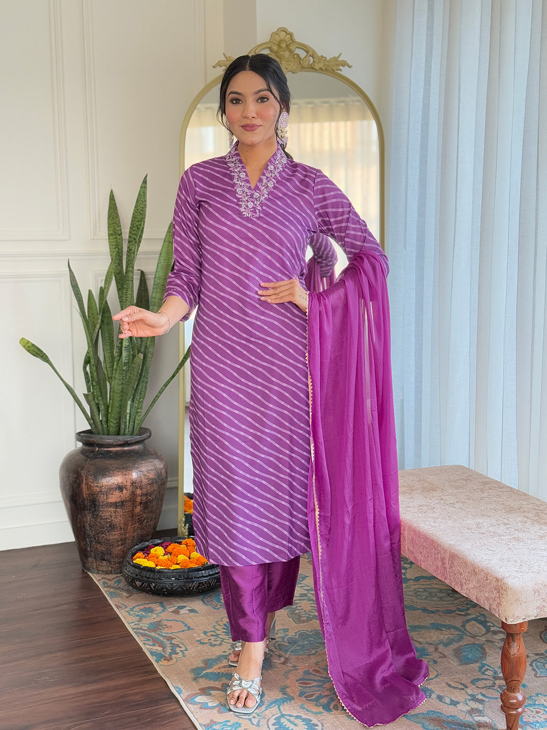 The52 Women's Muslin hand Embroidered Straight Kurta, Pant and Dupatta Set