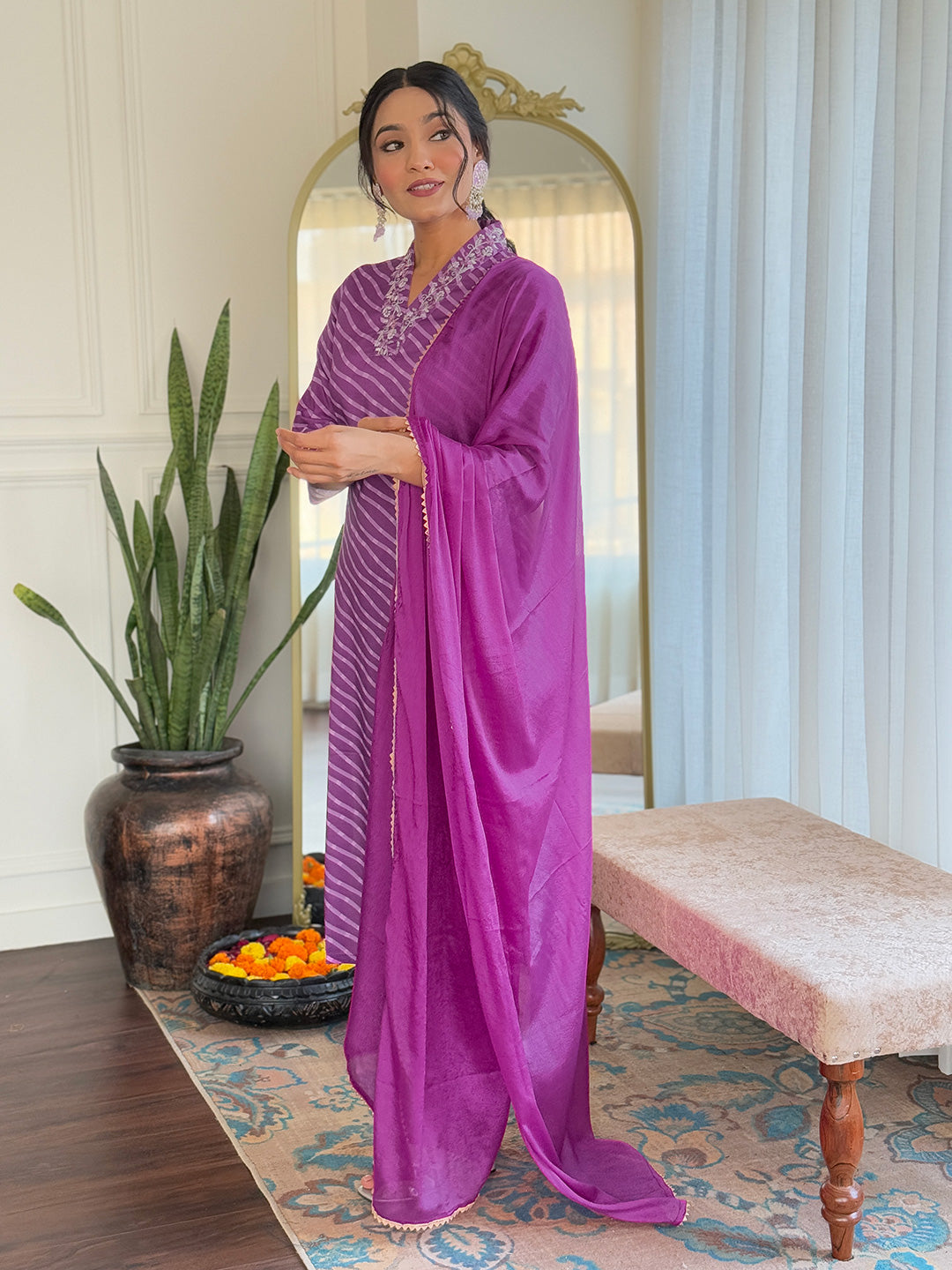 The52 Women's Muslin hand Embroidered Straight Kurta, Pant and Dupatta Set