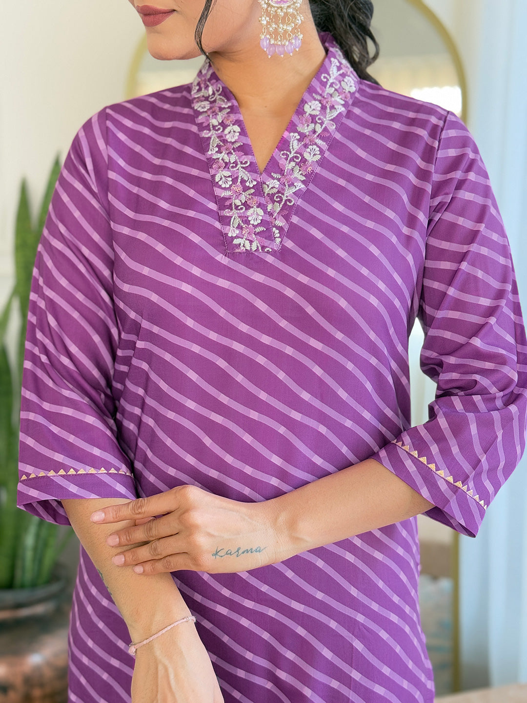 The52 Women's Muslin hand Embroidered Straight Kurta, Pant and Dupatta Set