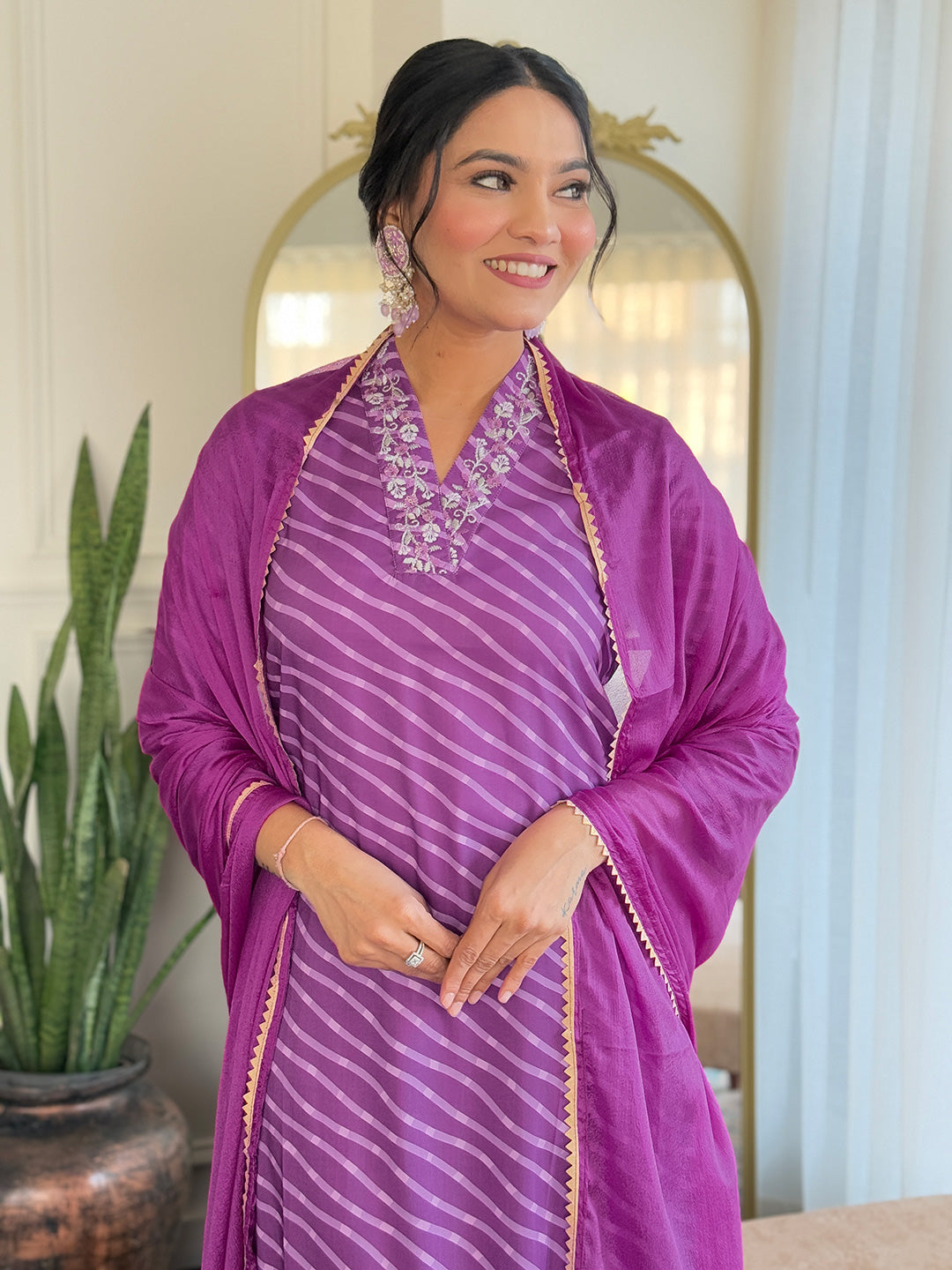The52 Women's Muslin hand Embroidered Straight Kurta, Pant and Dupatta Set