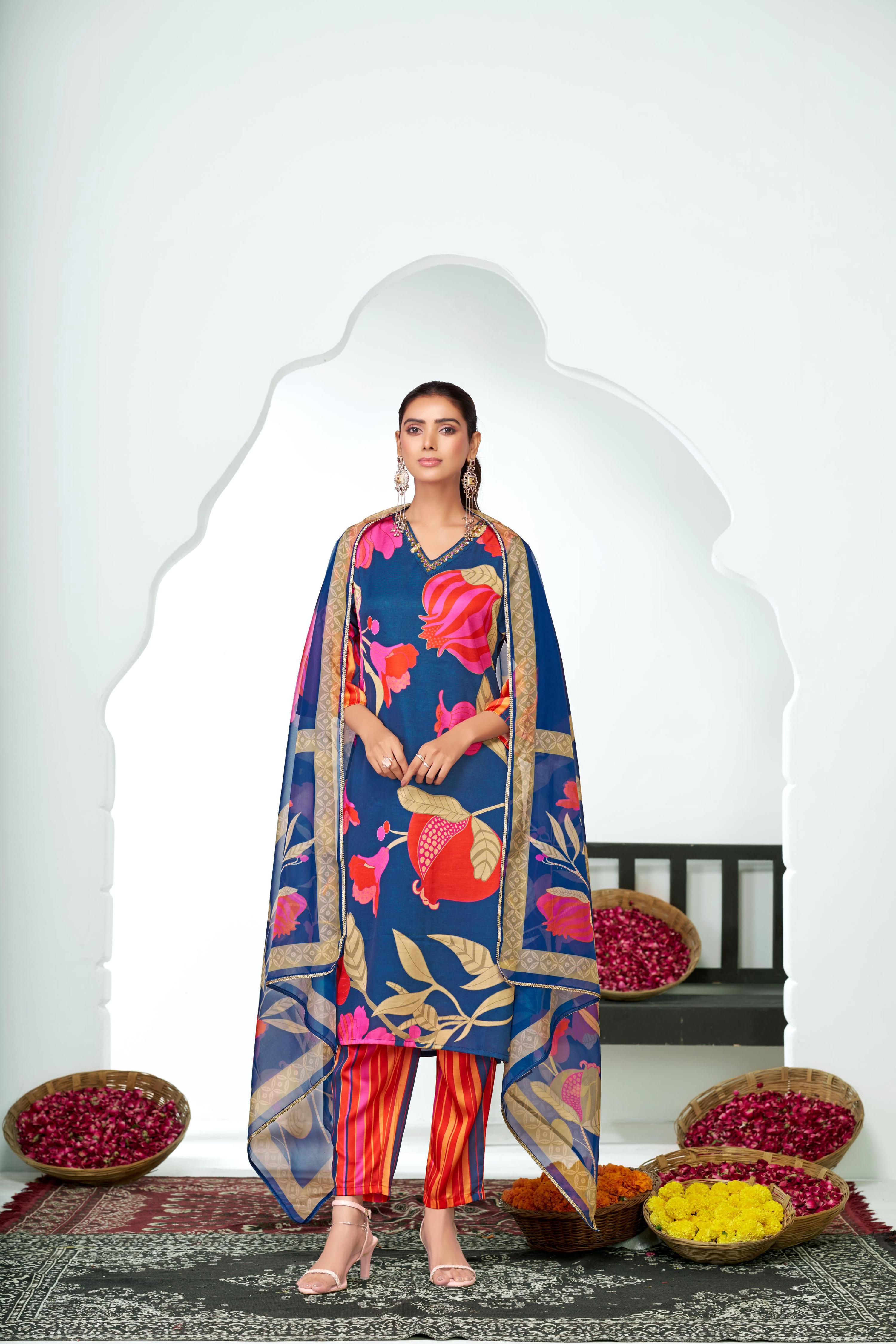 BulBul Rani Blue Silk Kurta Set with Dupatta