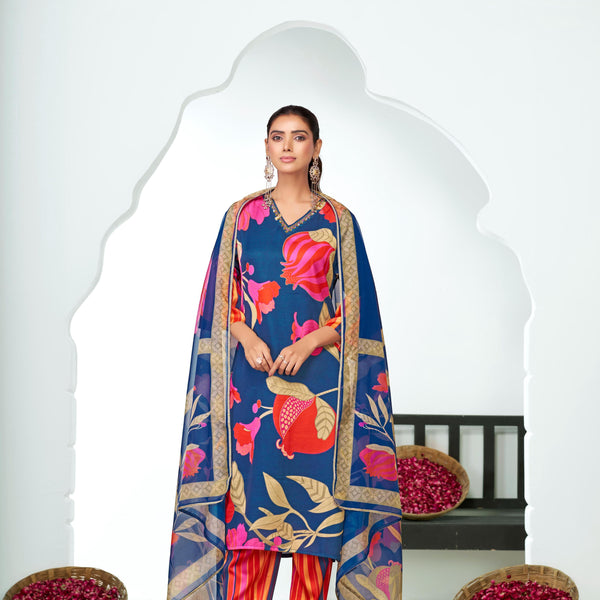 BulBul Rani Blue Silk Kurta Set with Dupatta